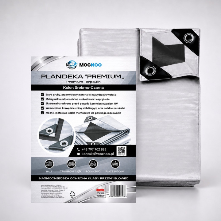 PLANDEKA PREMIUM SREBRNO CZARNA GRUBA MOCNA PŁACHTA MROZOODPORNA UV+ WZMACNIANA